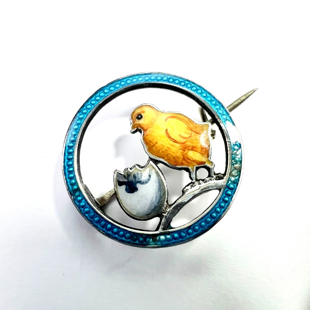 Edwardian Silver Enamel Chick and Egg Easter Brooch