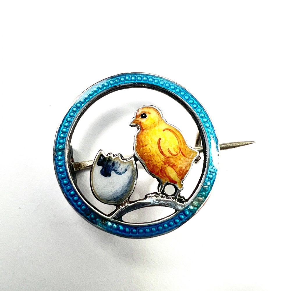 Edwardian Silver Enamel Chick and Egg Easter Brooch View II