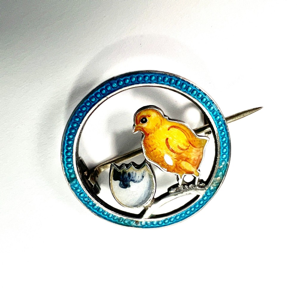 Edwardian Silver Enamel Chick and Egg Easter Brooch View III