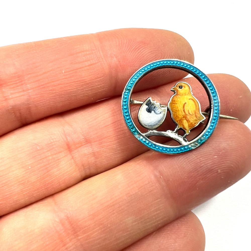 Edwardian Silver Enamel Chick and Egg Easter Brooch View V