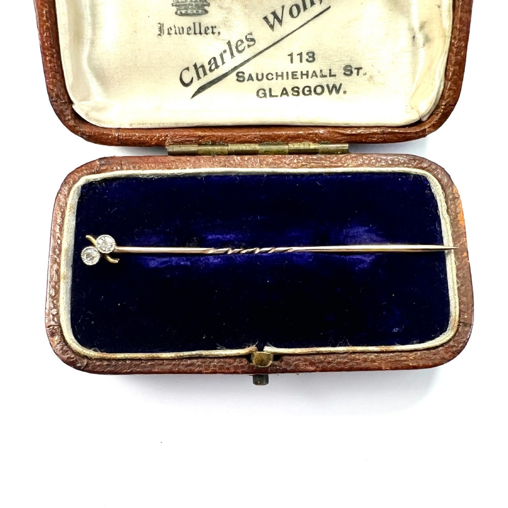 Antique 9CT Gold Double Diamond Toi et Moi Stick Pin
