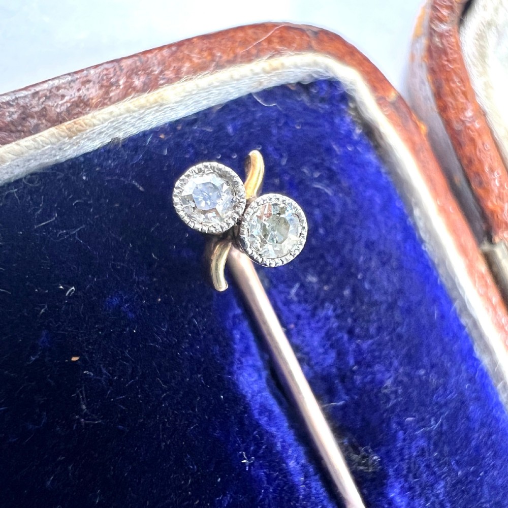 Antique 9CT Gold Double Diamond Toi et Moi Stick Pin View II
