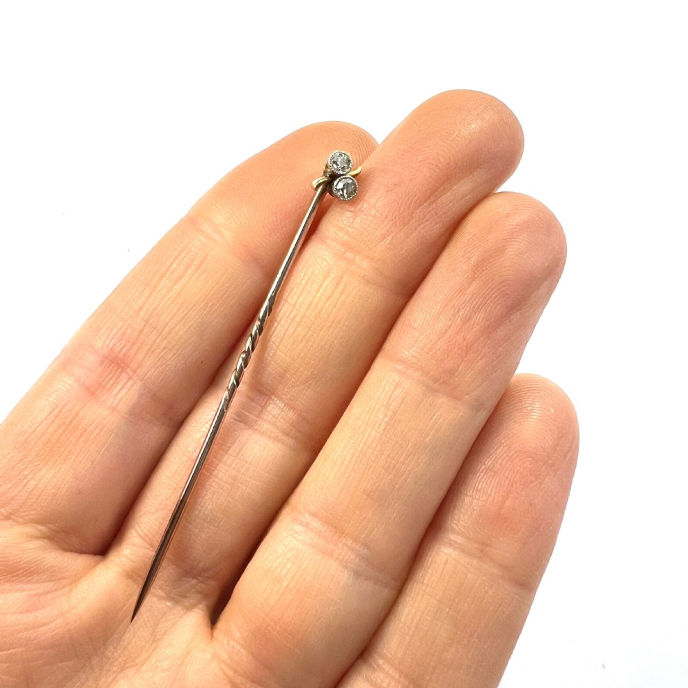 Antique 9CT Gold Double Diamond Toi et Moi Stick Pin View IV