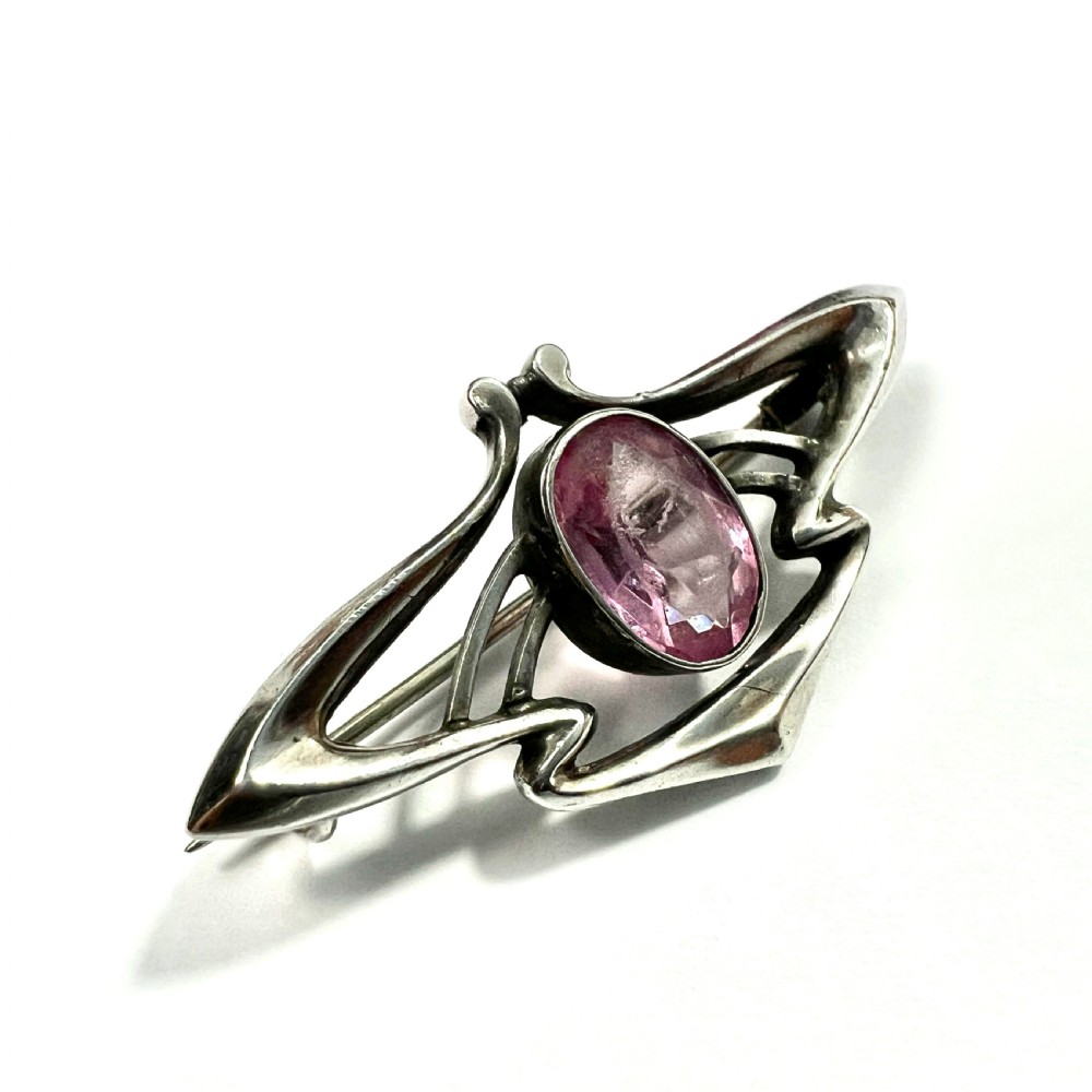 Art Nouveau Sterling Silver Pink Paste Brooch View II