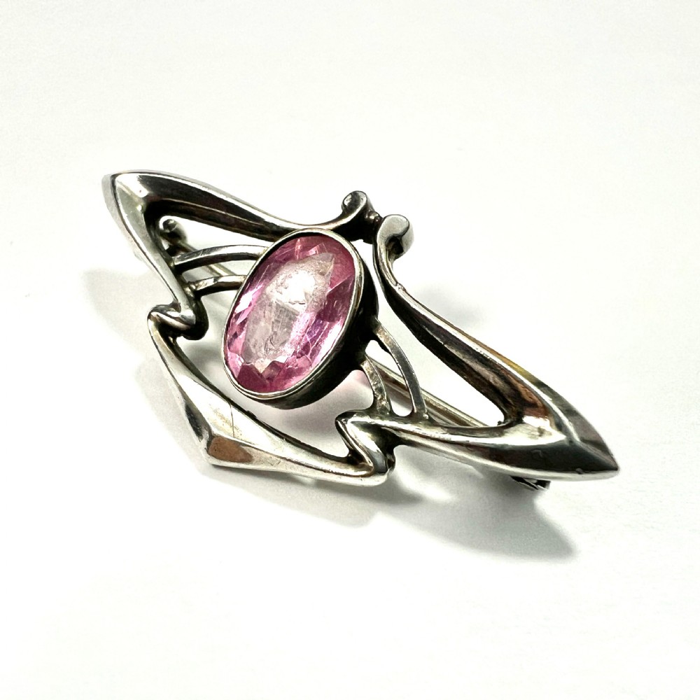 Art Nouveau Sterling Silver Pink Paste Brooch View III