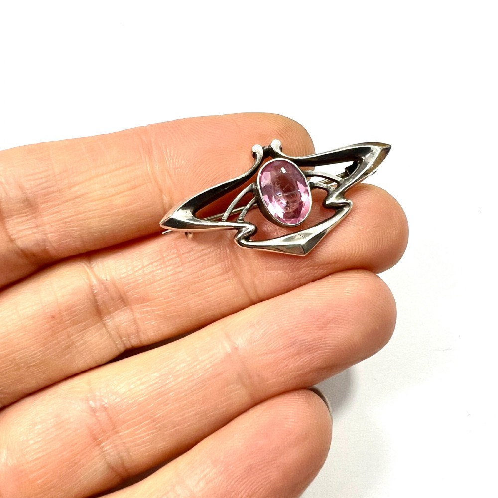 Art Nouveau Sterling Silver Pink Paste Brooch View VII
