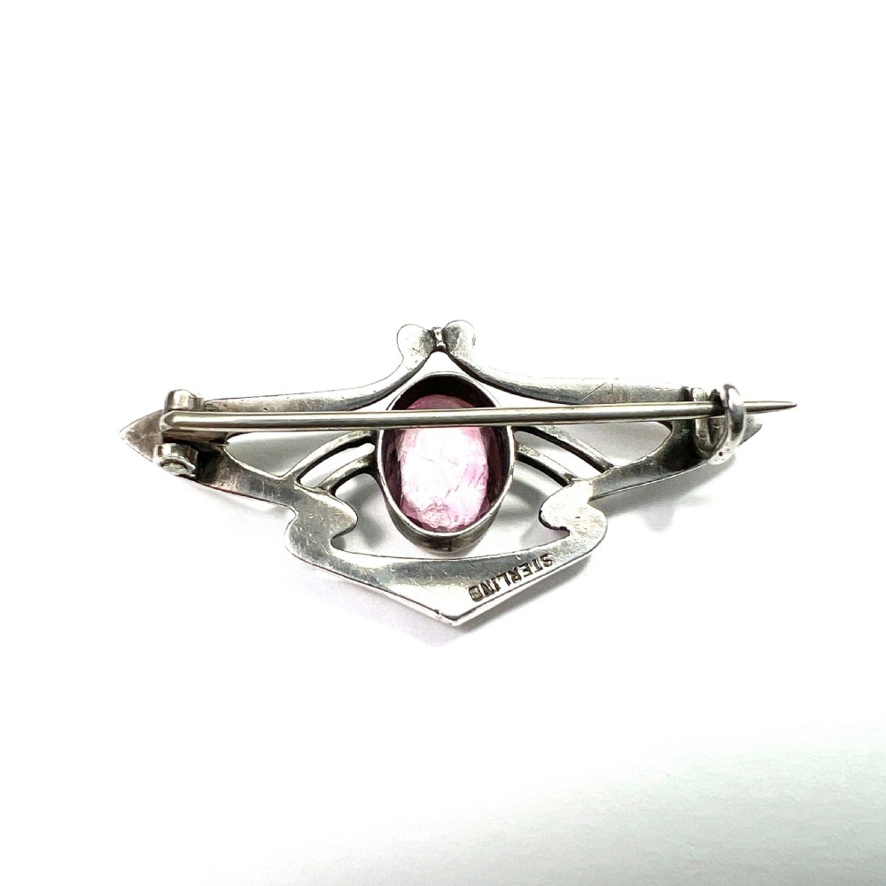 Art Nouveau Sterling Silver Pink Paste Brooch View VIII