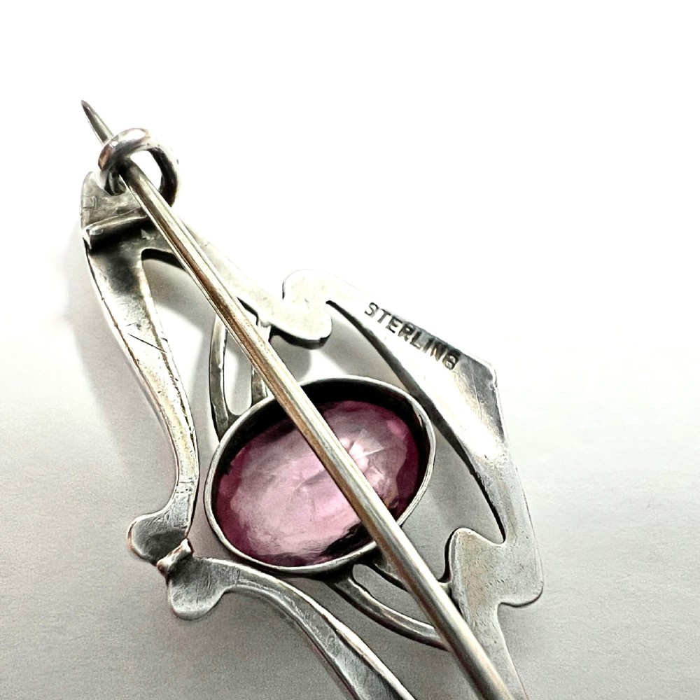 Art Nouveau Sterling Silver Pink Paste Brooch View IX