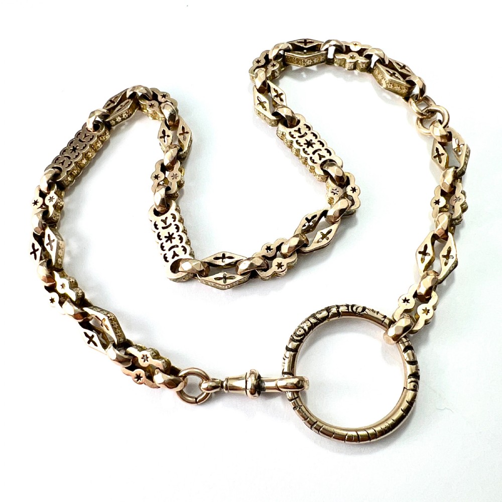 Rare Antique 9CT Gold Book Chain Necklace with Split Ring and Albert Clip