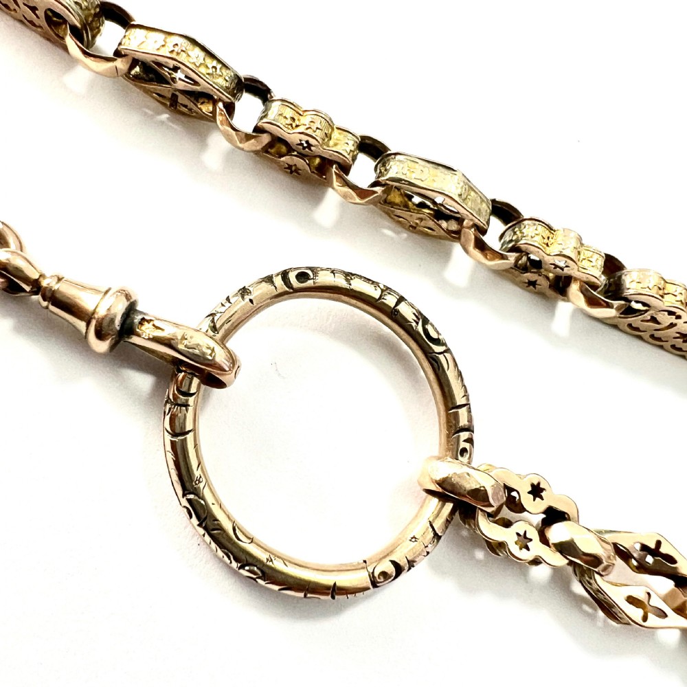 Rare Antique 9CT Gold Book Chain Necklace with Split Ring and Albert Clip View IV