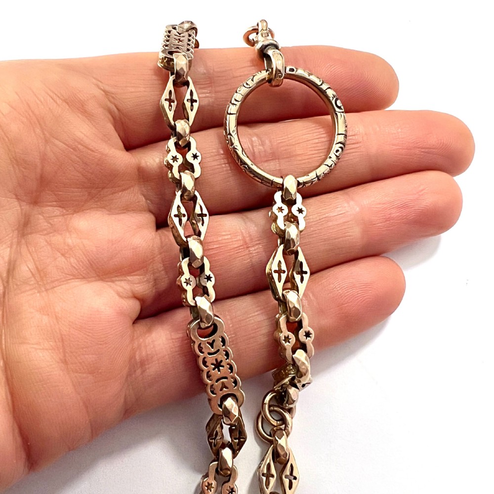 Rare Antique 9CT Gold Book Chain Necklace with Split Ring and Albert Clip View VI
