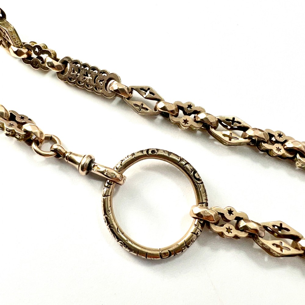 Rare Antique 9CT Gold Book Chain Necklace with Split Ring and Albert Clip View VII