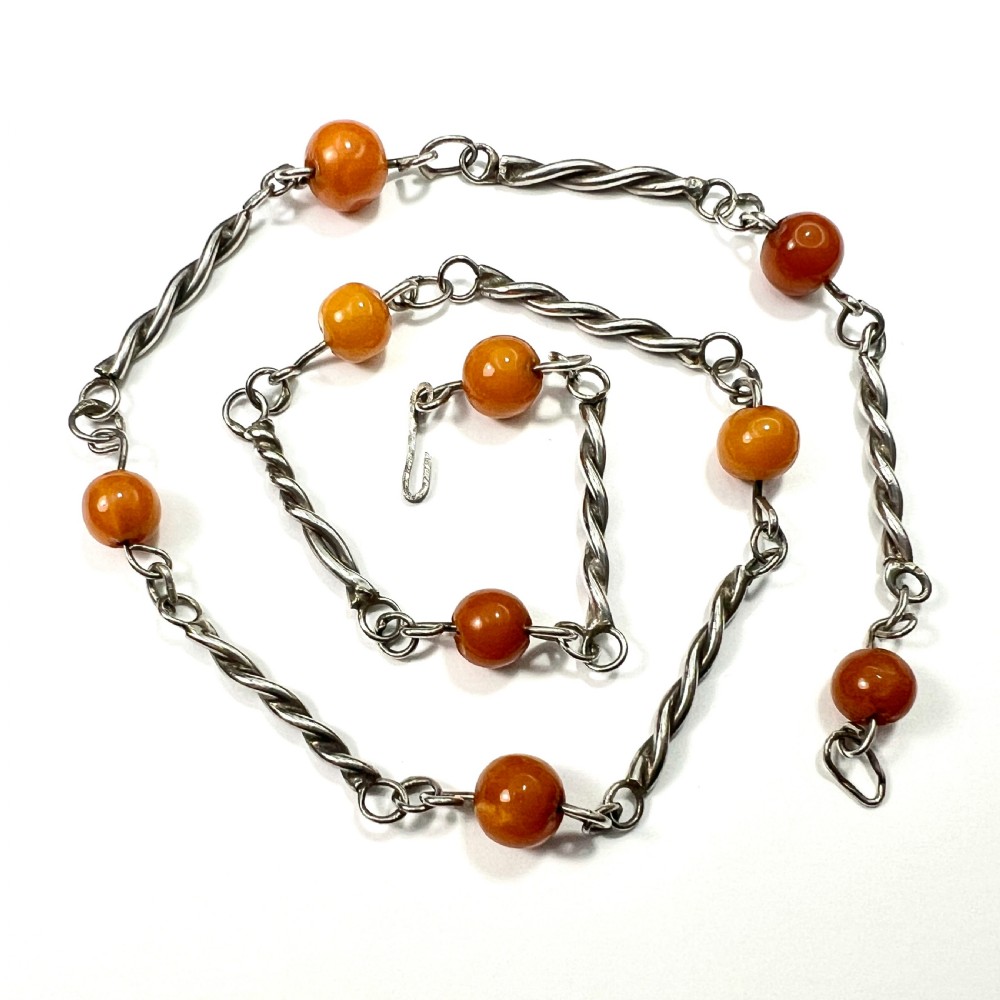 Antique Arts and Crafts Silver Amber Station Necklace
