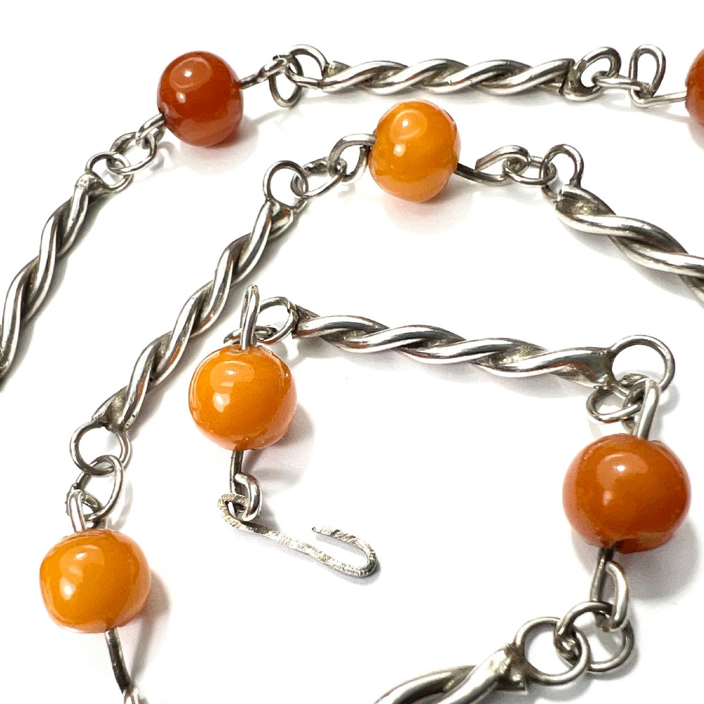 Antique Arts and Crafts Silver Amber Station Necklace View III