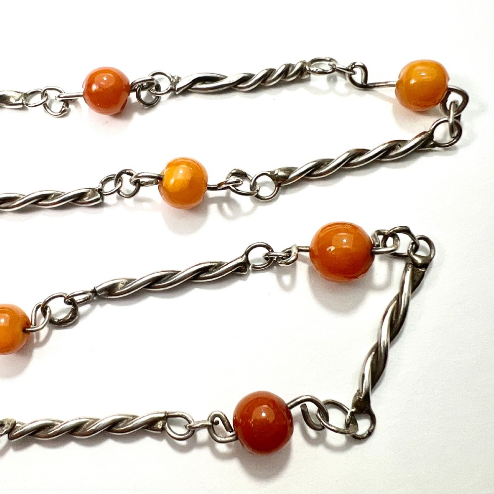 Antique Arts and Crafts Silver Amber Station Necklace View IV