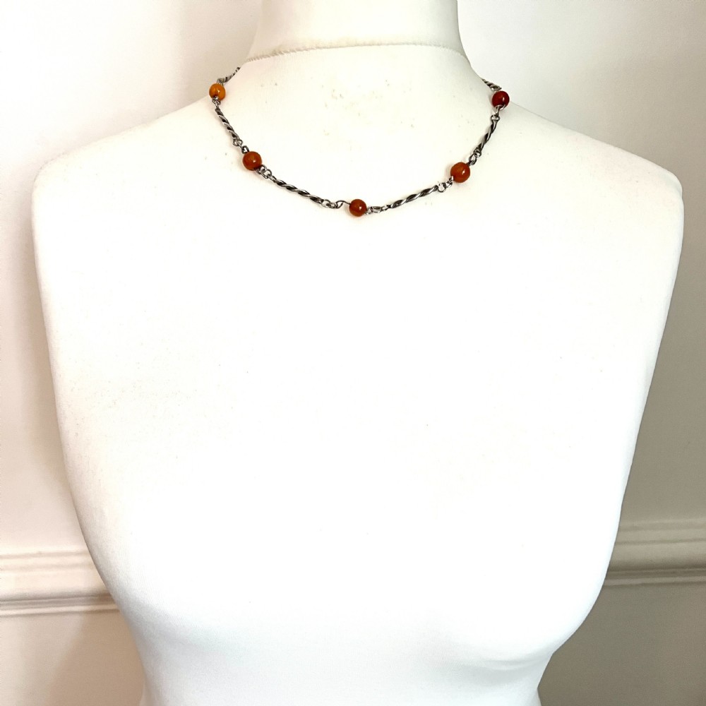 Antique Arts and Crafts Silver Amber Station Necklace View V