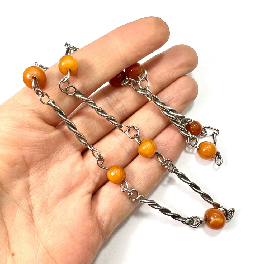 Antique Arts and Crafts Silver Amber Station Necklace View VII