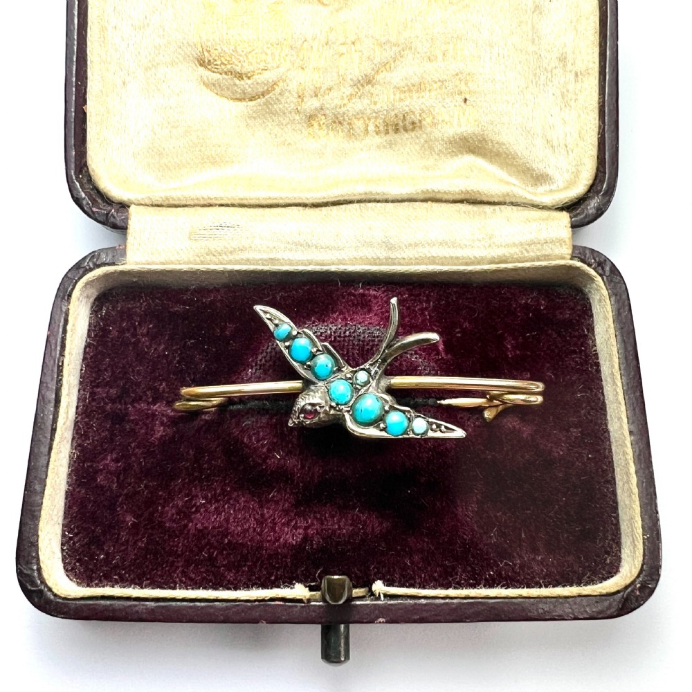 Victorian Turquoise Silver Swallow Safety Pin Brooch 