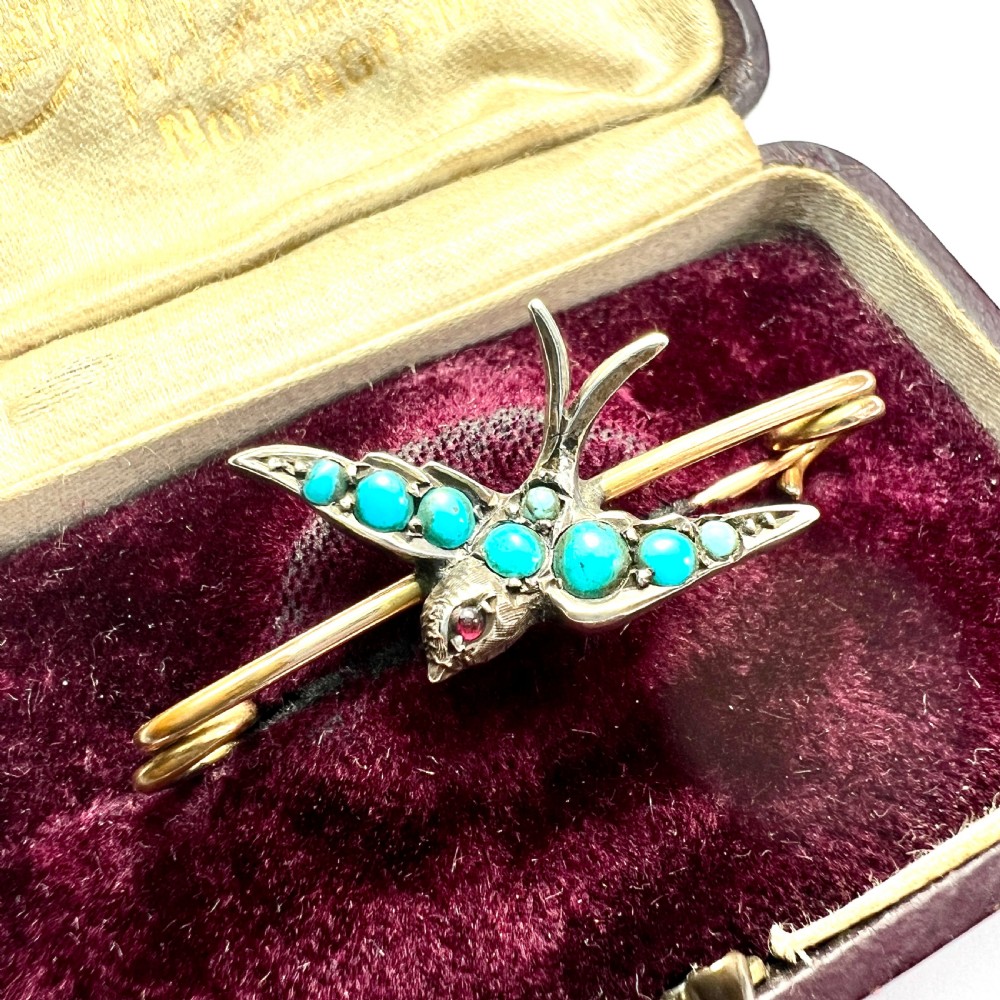 Victorian Turquoise Silver Swallow Safety Pin Brooch  View II
