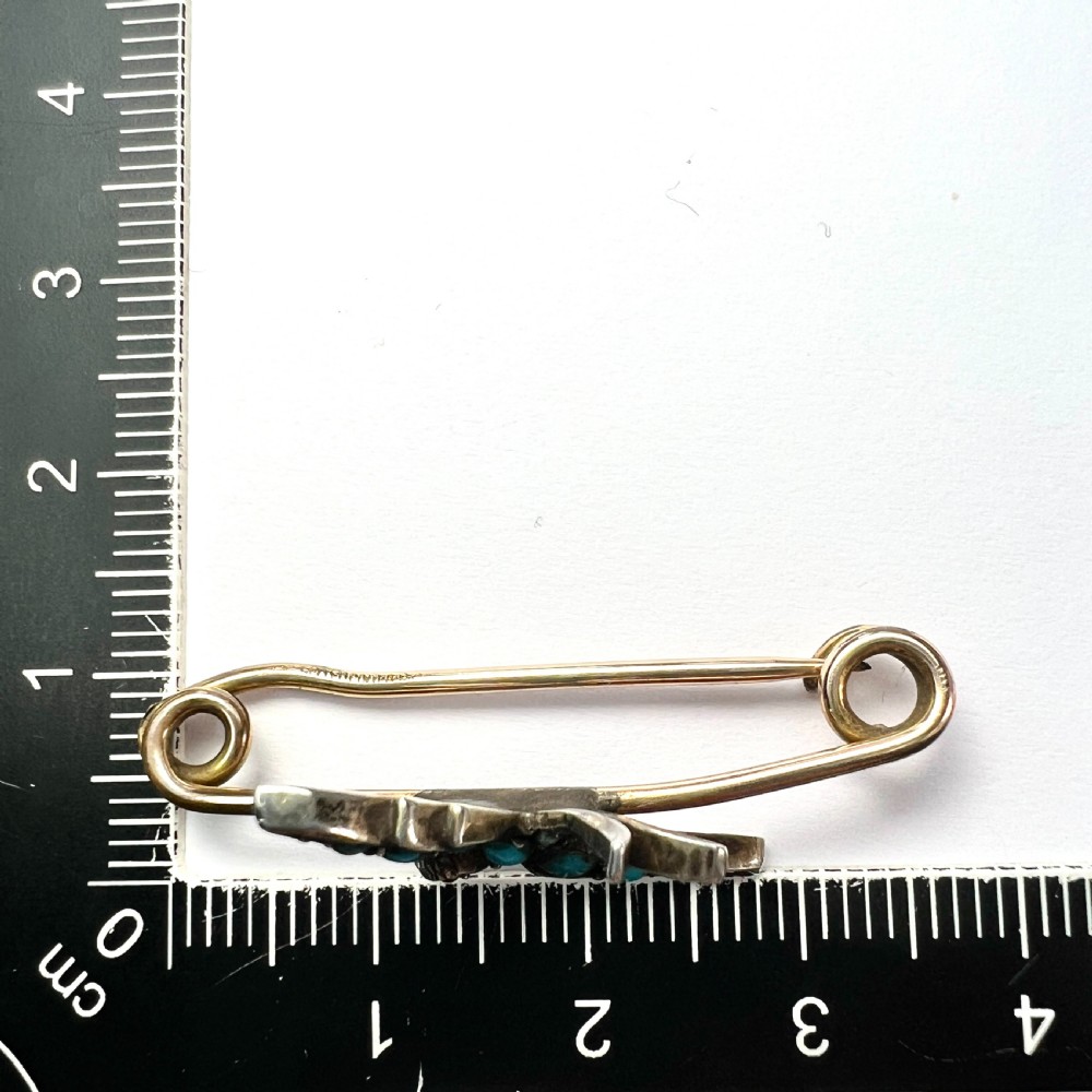 Victorian Turquoise Silver Swallow Safety Pin Brooch  View III
