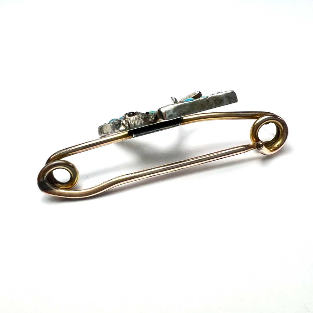 Victorian Turquoise Silver Swallow Safety Pin Brooch  View VI