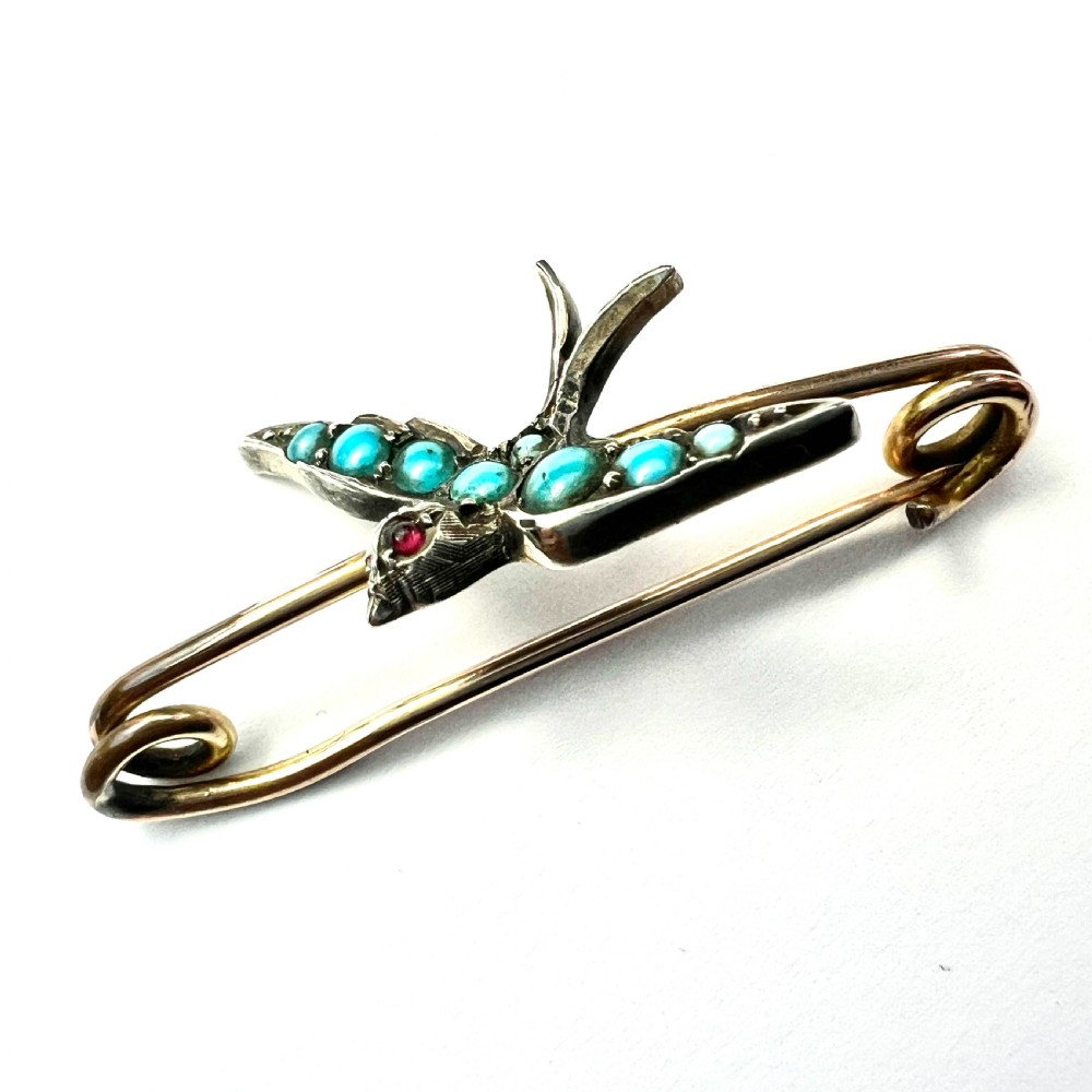 Victorian Turquoise Silver Swallow Safety Pin Brooch  View VII