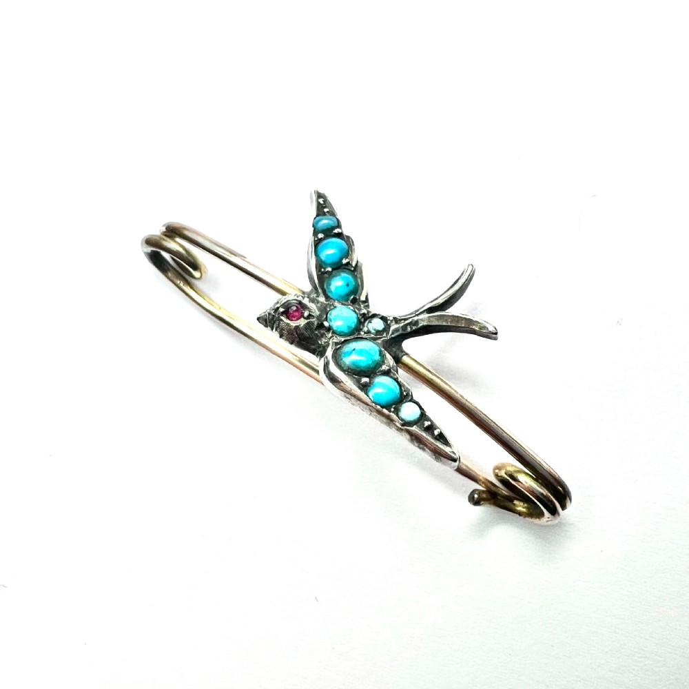 Victorian Turquoise Silver Swallow Safety Pin Brooch  View VIII