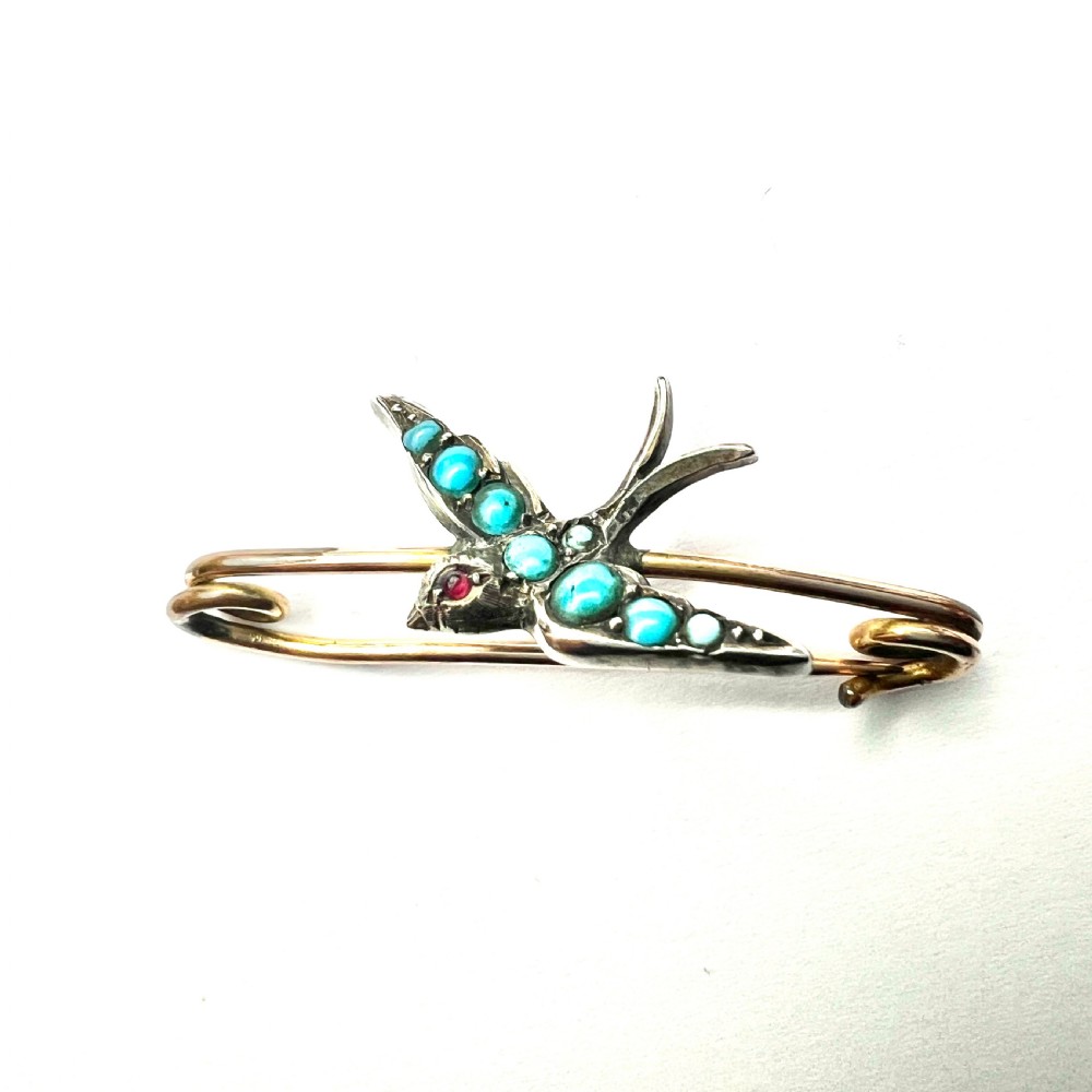 Victorian Turquoise Silver Swallow Safety Pin Brooch  View IX