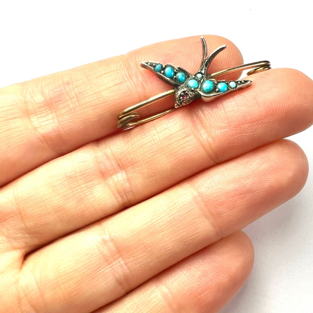 Victorian Turquoise Silver Swallow Safety Pin Brooch  View X