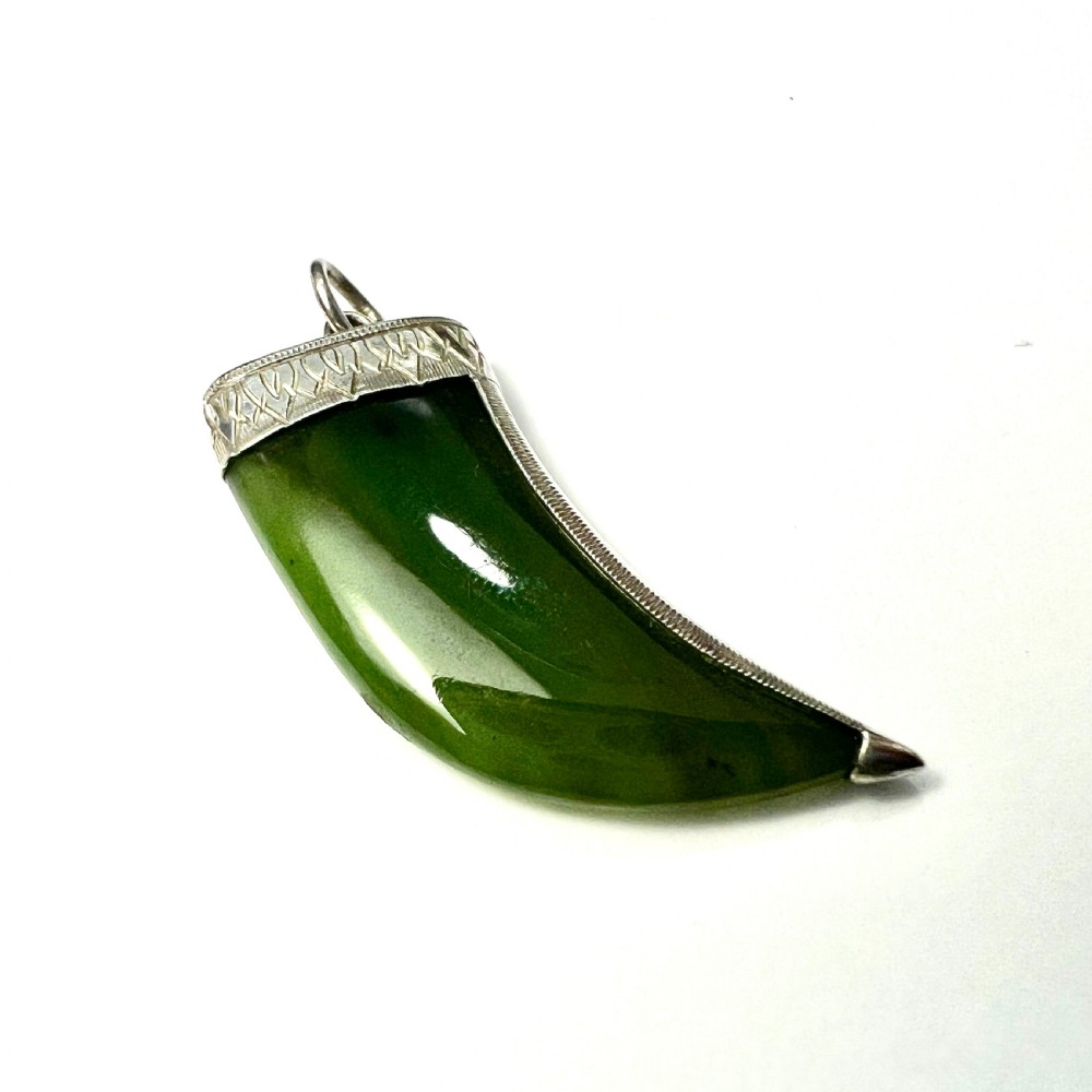 Antique Sterling Silver Jade Claw Fang Pendant View III