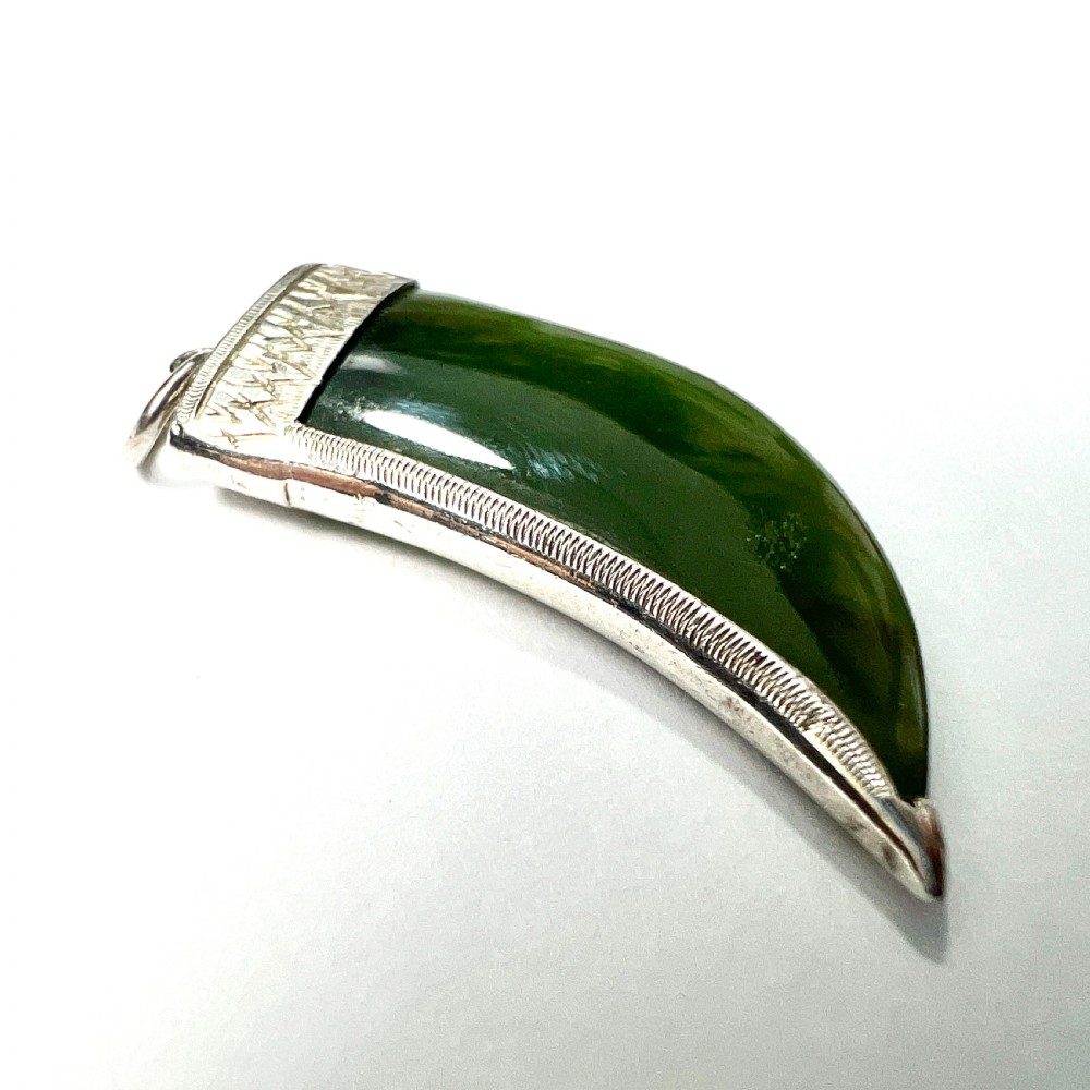 Antique Sterling Silver Jade Claw Fang Pendant View IV