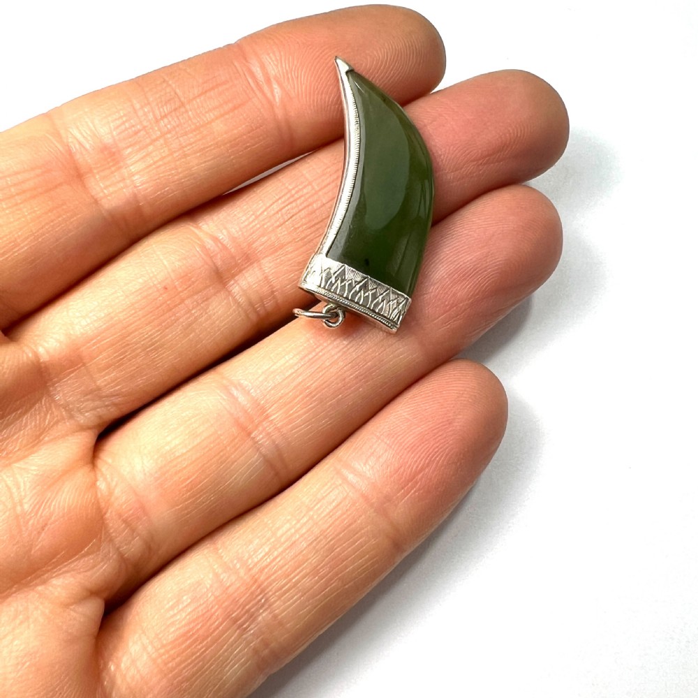 Antique Sterling Silver Jade Claw Fang Pendant View VI