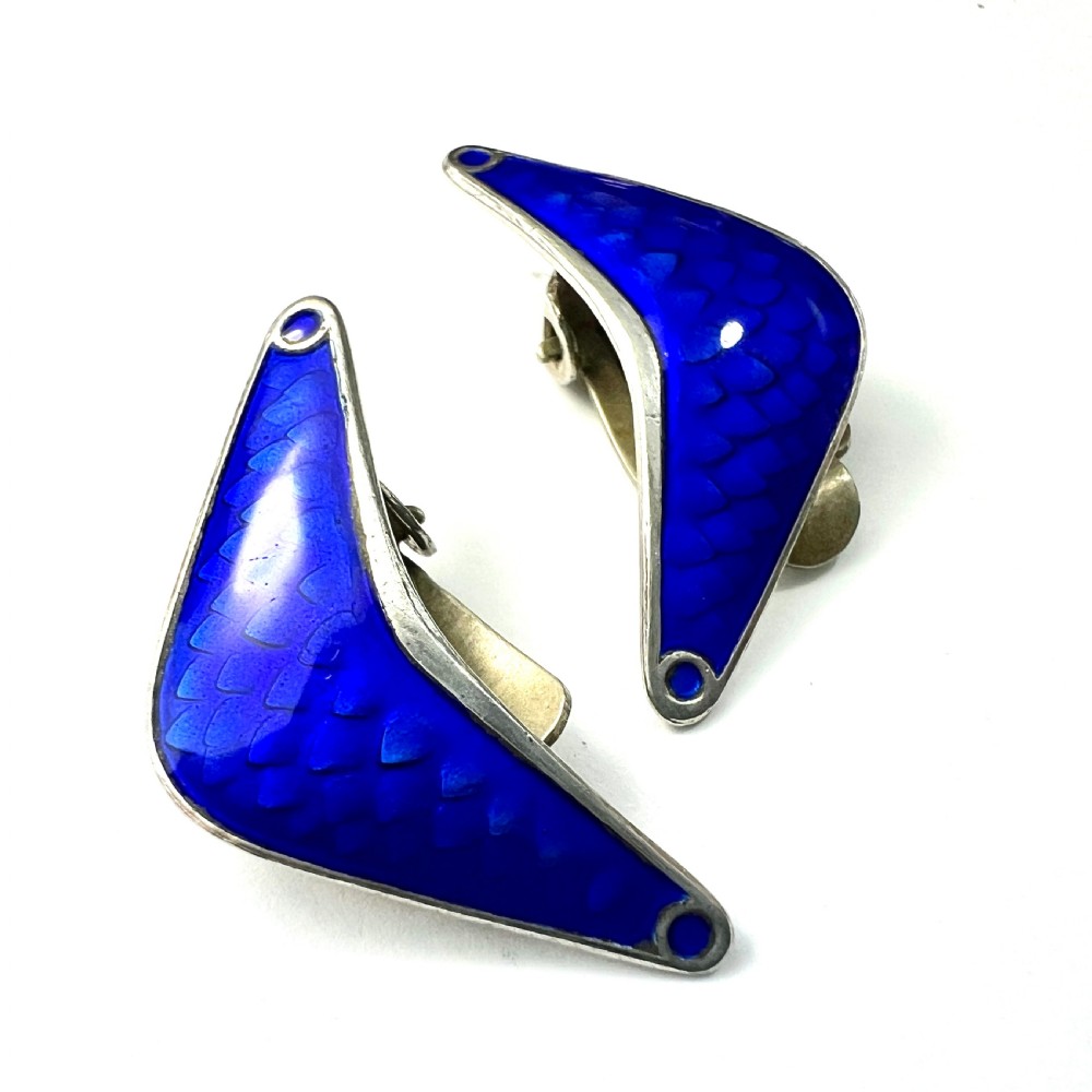 Norwegian Mid Century Modernist Sterling Silver Blue Enamel Earrings by Andresen Scheinpflug Oslo