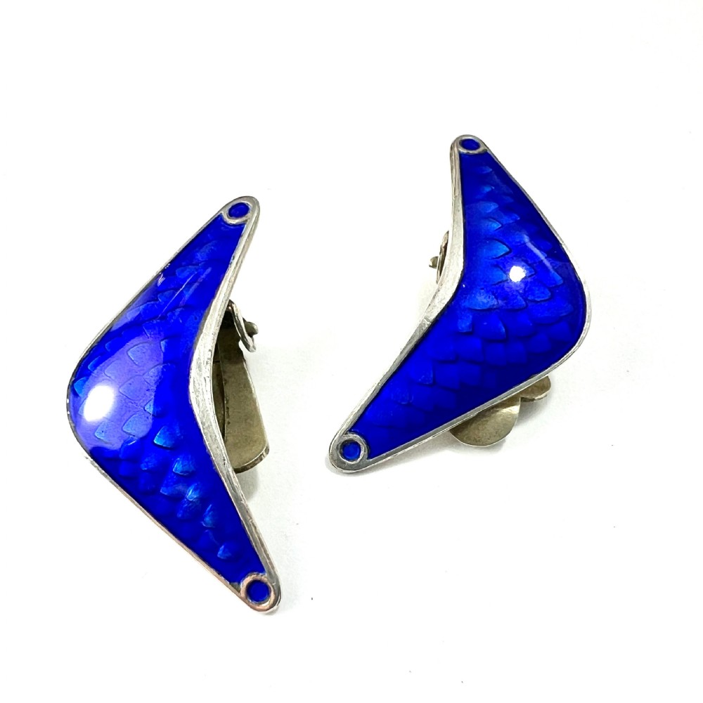 Norwegian Mid Century Modernist Sterling Silver Blue Enamel Earrings by Andresen Scheinpflug Oslo View II