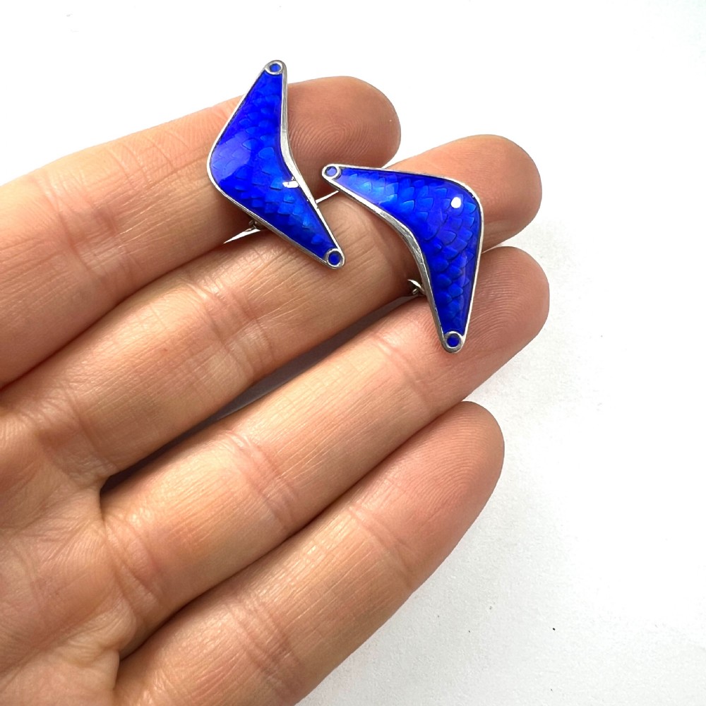 Norwegian Mid Century Modernist Sterling Silver Blue Enamel Earrings by Andresen Scheinpflug Oslo View VI