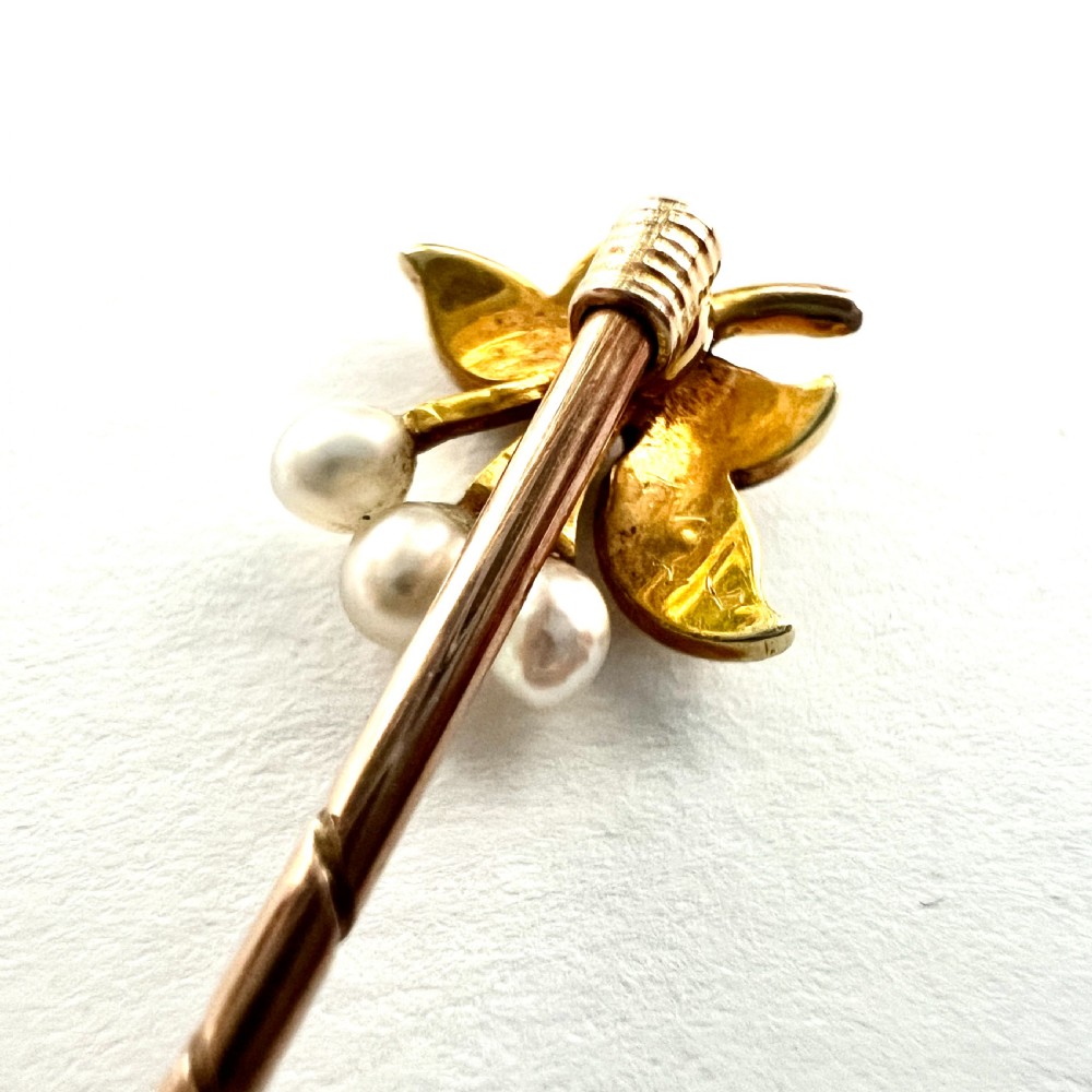 Boxed Antique 15CT Gold Pearl Cherries Stick Pin View V