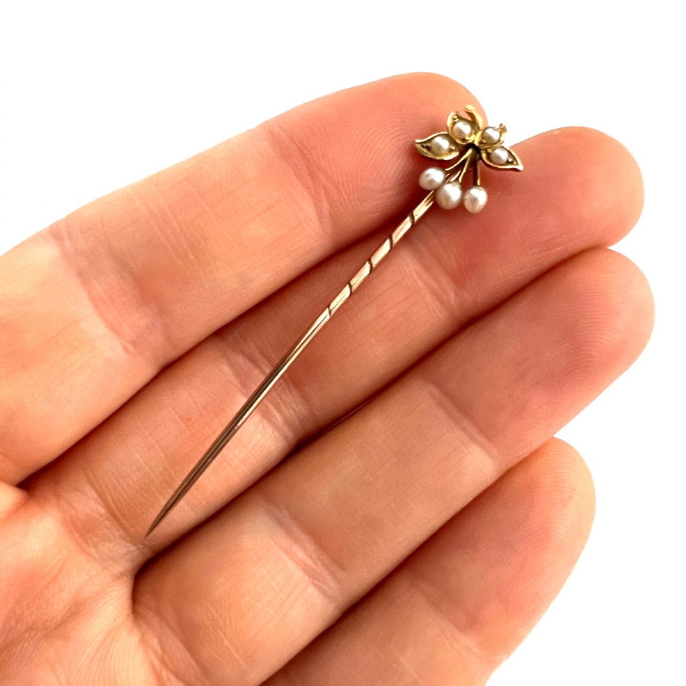 Boxed Antique 15CT Gold Pearl Cherries Stick Pin View VII