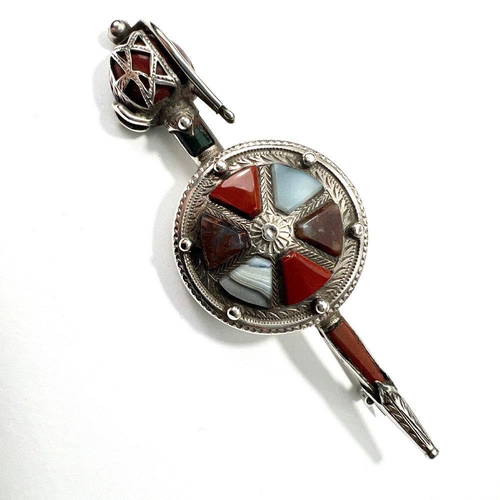 Large Victorian Scottish Agate Silver Sword and Shield Brooch