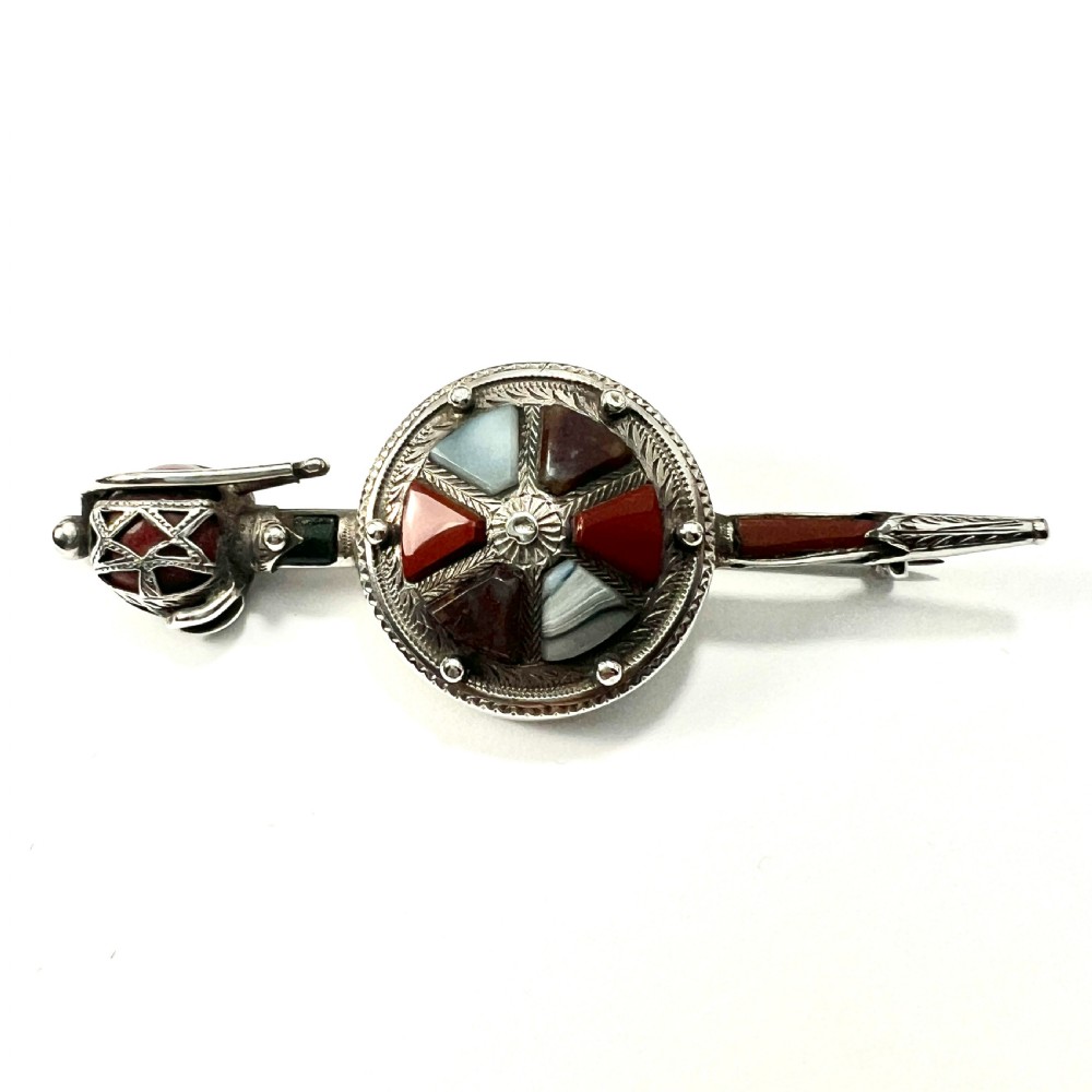 Large Victorian Scottish Agate Silver Sword and Shield Brooch View II