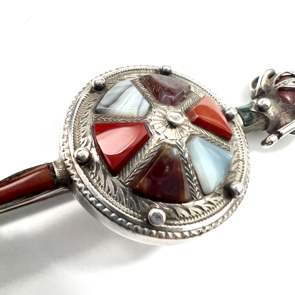 Large Victorian Scottish Agate Silver Sword and Shield Brooch View III