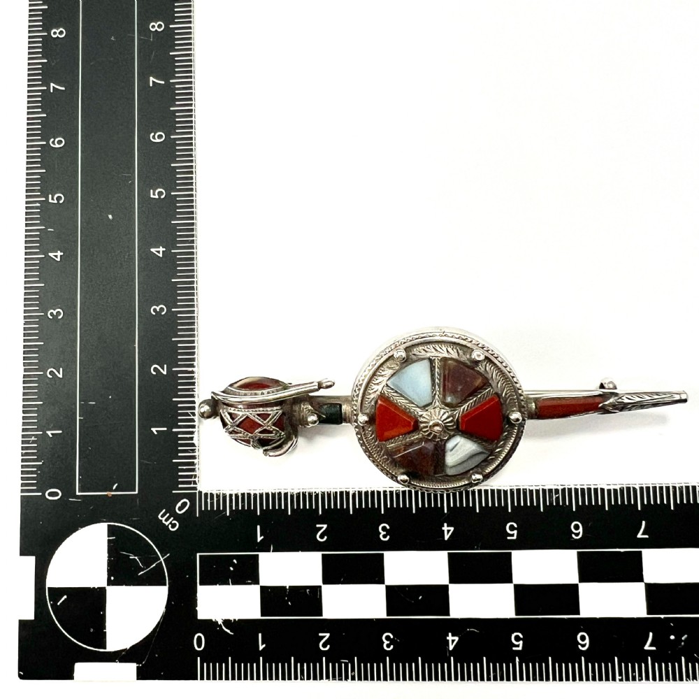 Large Victorian Scottish Agate Silver Sword and Shield Brooch View V