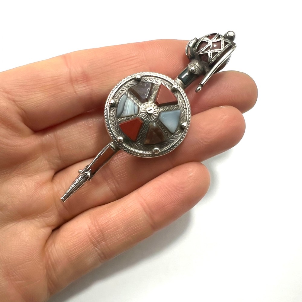 Large Victorian Scottish Agate Silver Sword and Shield Brooch View VI