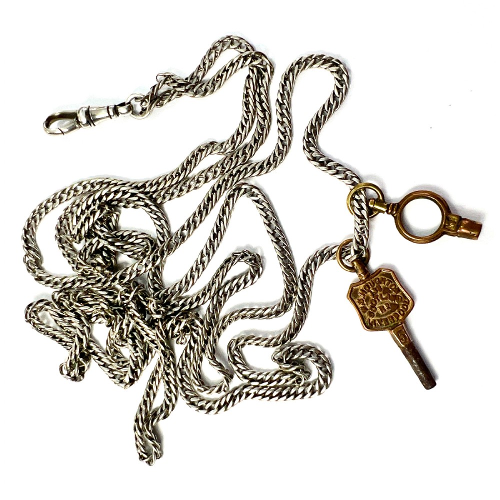 Very Long Victorian Silver Chain Necklace with Watch Keys and Albert Clip