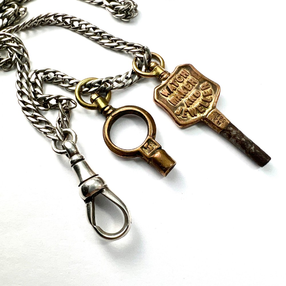 Very Long Victorian Silver Chain Necklace with Watch Keys and Albert Clip View II