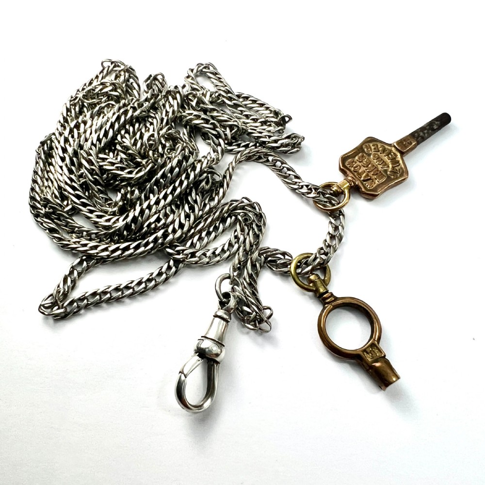 Very Long Victorian Silver Chain Necklace with Watch Keys and Albert Clip View III