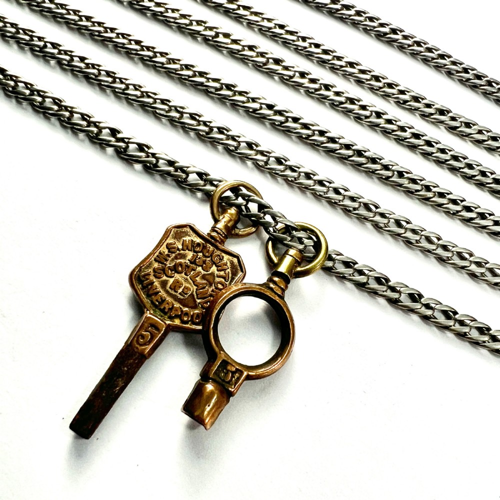 Very Long Victorian Silver Chain Necklace with Watch Keys and Albert Clip View V