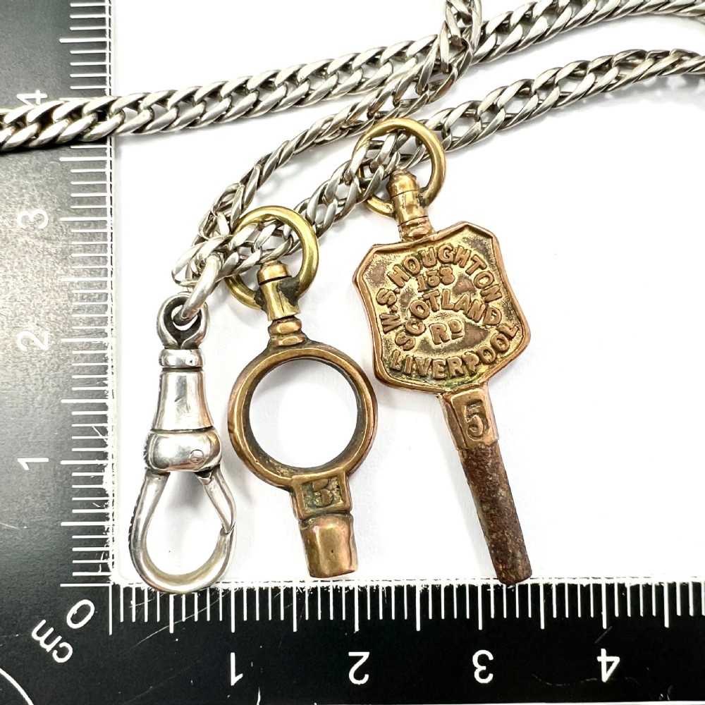 Very Long Victorian Silver Chain Necklace with Watch Keys and Albert Clip View VII