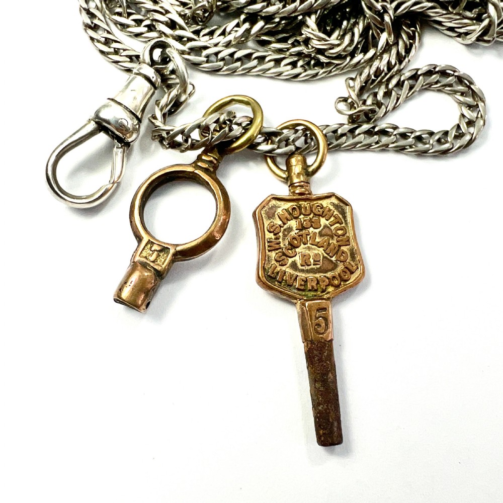Very Long Victorian Silver Chain Necklace with Watch Keys and Albert Clip View VIII