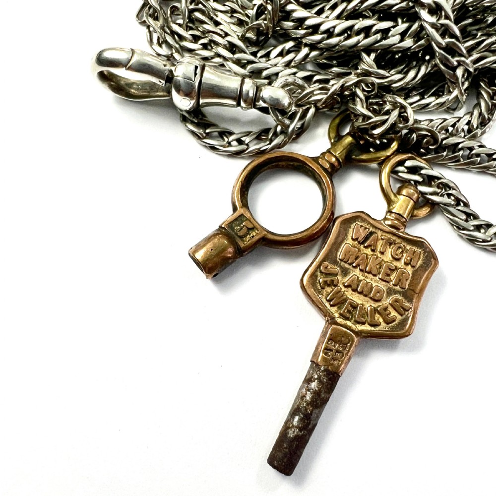 Very Long Victorian Silver Chain Necklace with Watch Keys and Albert Clip View IX