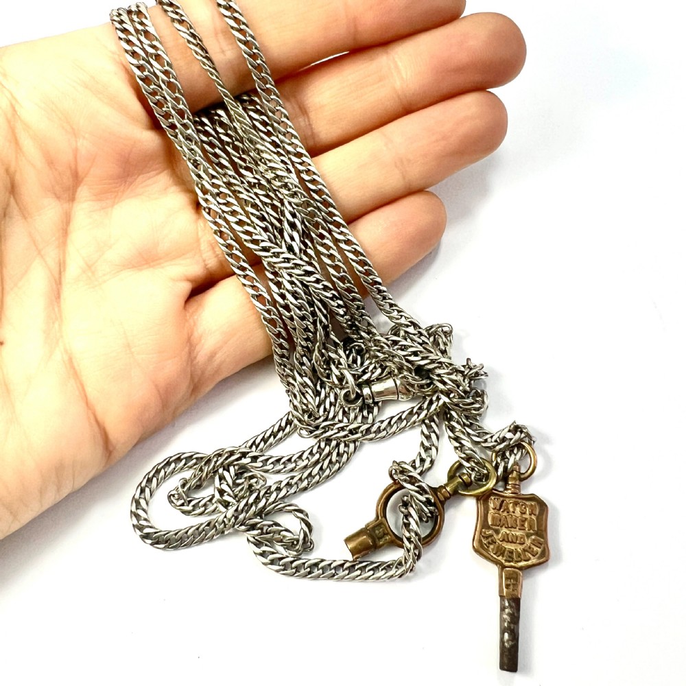 Very Long Victorian Silver Chain Necklace with Watch Keys and Albert Clip View X